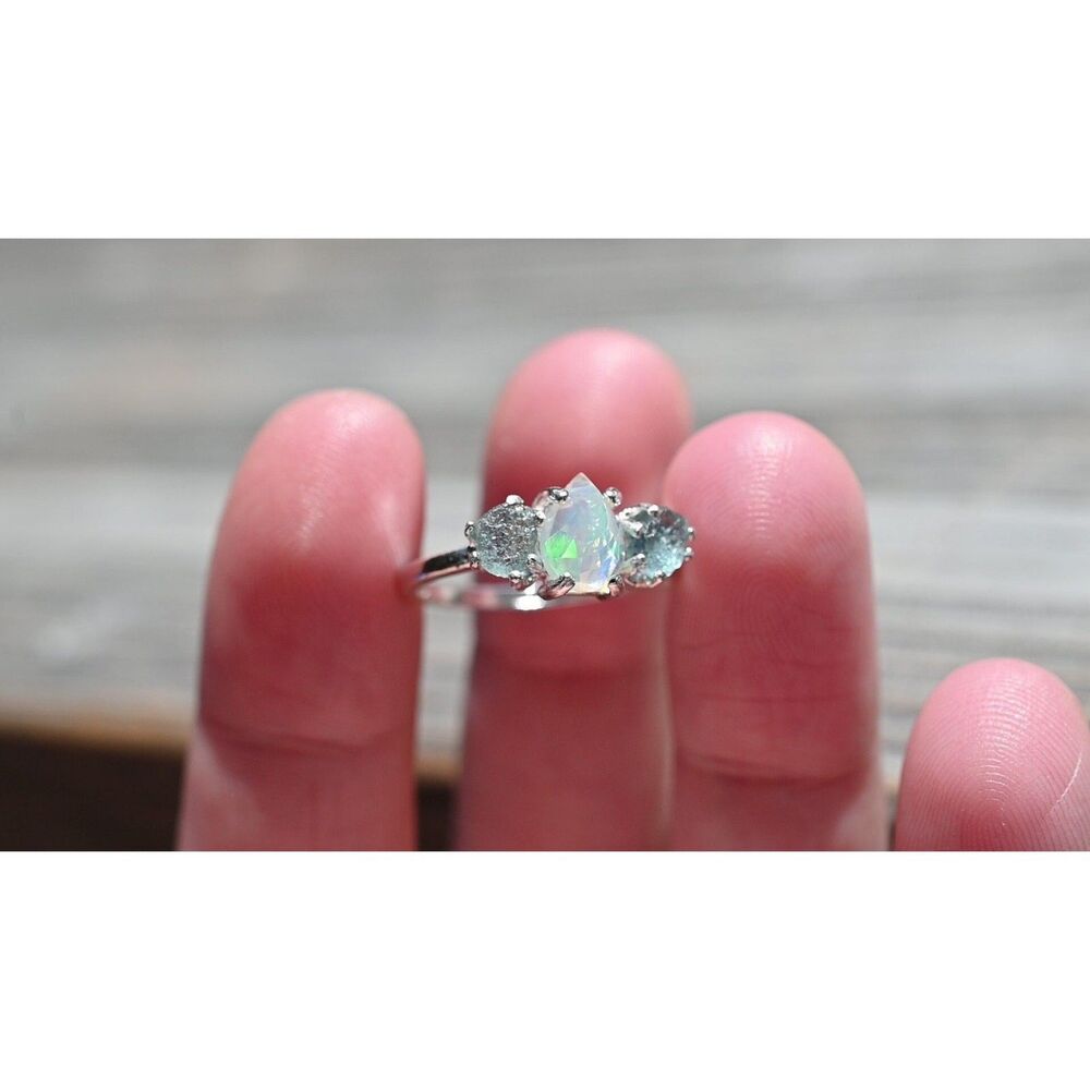 Ethiopian opal and raw Montana sapphire ring, unique opal ring, jewelry for her
